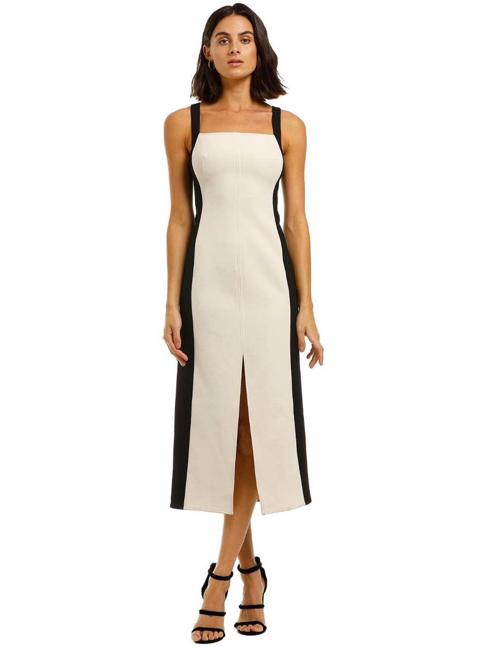 CMEO Two-Tone Black and Cream Midi Sheath Dress